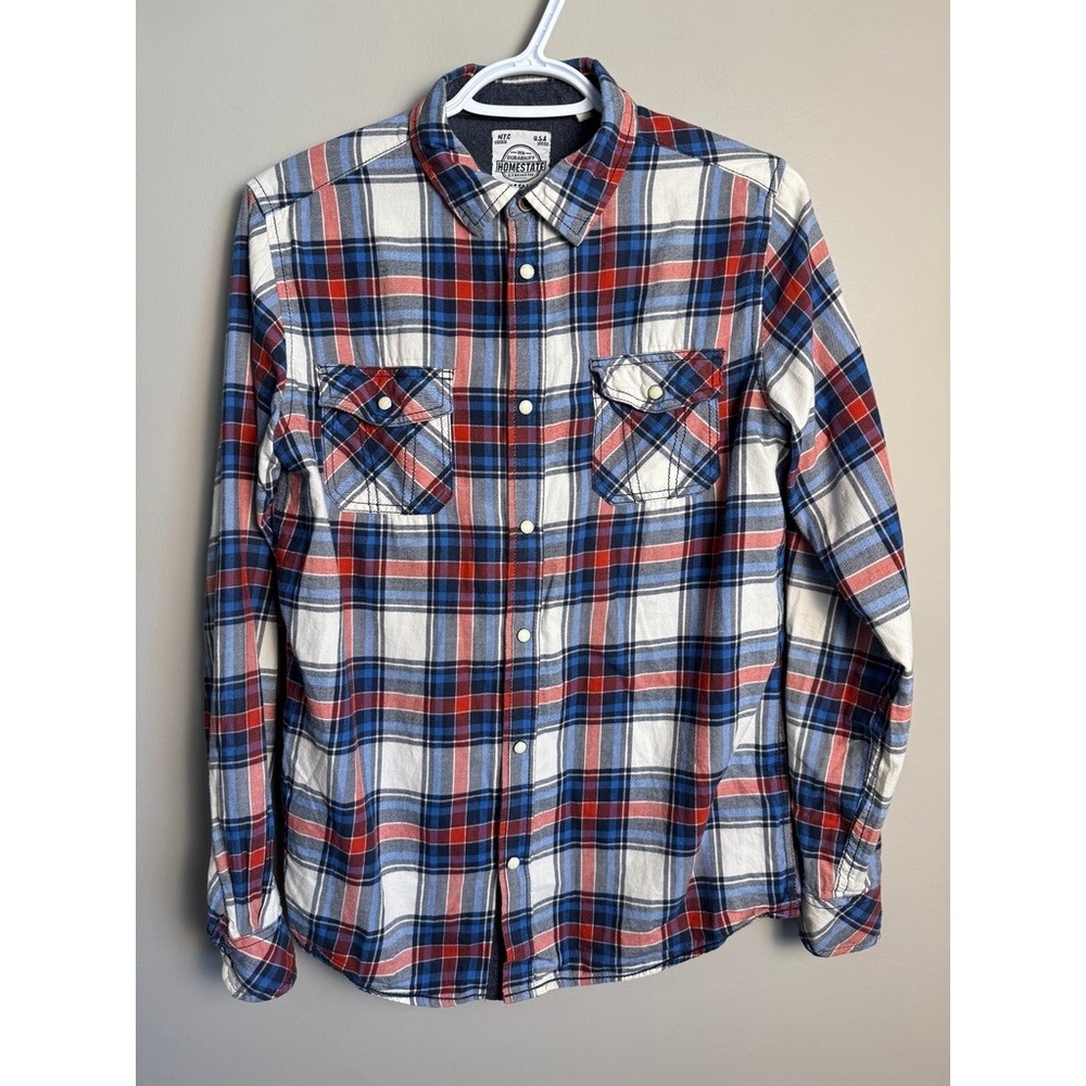 C&A Here+There Mens Red White Blue Plaid Button Down Shirt 170/176 Casual Preppy